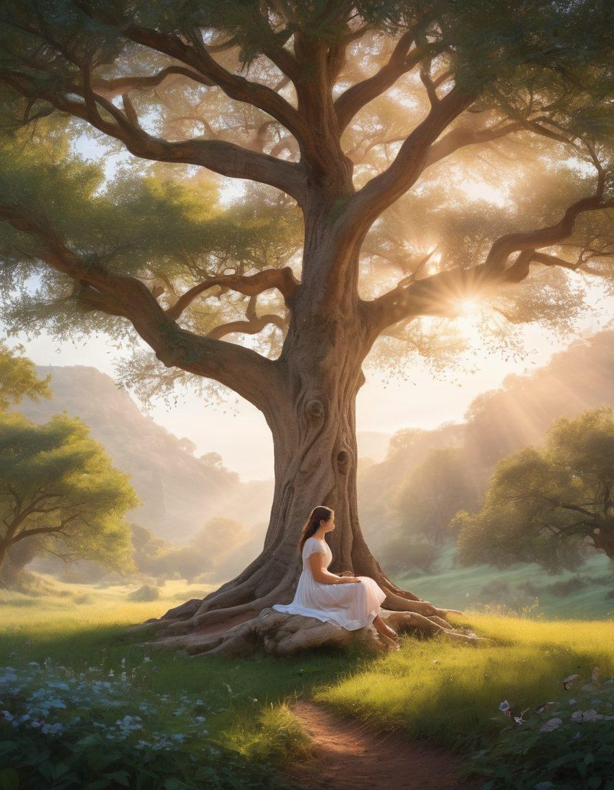 A dreamy landscape featuring a serene person sitting under a majestic tree, reflecting in contemplation. Soft, pastel colors symbolize personal growth, with delicate butterflies representing transformation fluttering around. Light beams filter through the leaves, creating a magical atmosphere of self-discovery and introspection. super-realistic. vibrant colors. ethereal background.