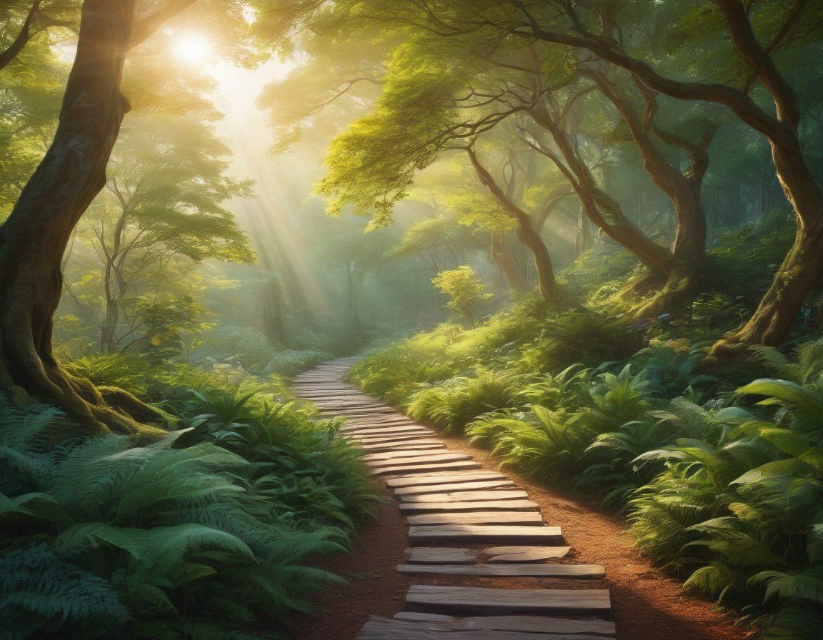 A serene and introspective landscape featuring a winding path through a lush forest, symbolizing personal growth and exploration. Enveloping the path are mystical symbols that represent the unique traits and strengths of the INFP personality, like creativity and empathy. Soft, warm sunlight filters through the trees, casting a tranquil glow, inviting readers to embark on their own journey of self-discovery. whimsical, nature-inspired, vibrant colors. super-realistic.