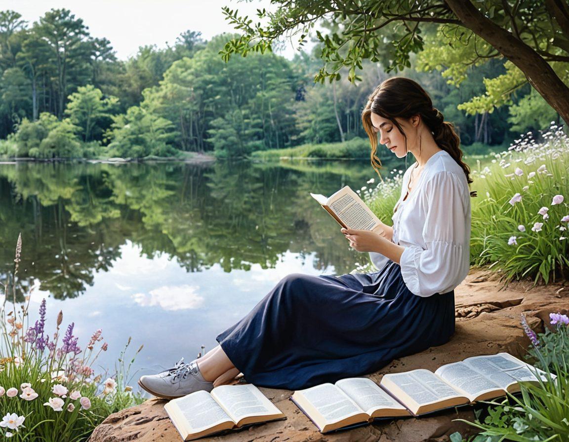 A serene and introspective scene depicting an INFP individual surrounded by nature, symbolizing introversion and creativity. Soft pastel colors create an ethereal atmosphere, with elements like a quill, books, and blooming flowers emphasizing empathy and imagination. The character gazes thoughtfully into the distance, embodying a sense of depth and reflection. dreamlike. vibrant colors. watercolor.